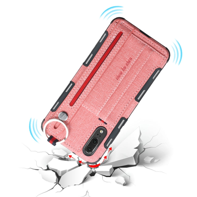 For Huawei P20 Cloth Texture + TPU Shockproof Protective Case with Metal Ring & Holder & Card Slots & Hanging Strap