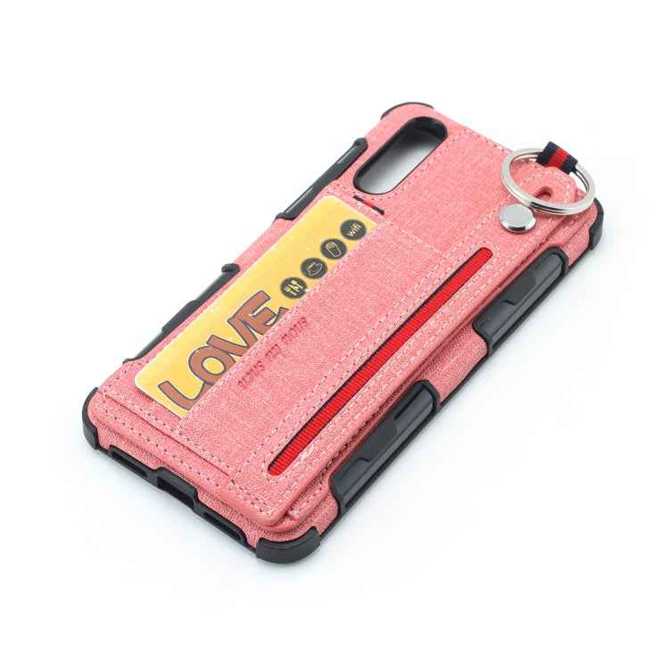 For Huawei P20 Cloth Texture + TPU Shockproof Protective Case with Metal Ring & Holder & Card Slots & Hanging Strap