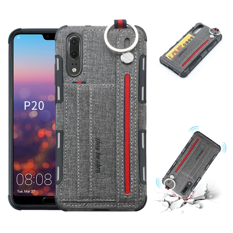 For Huawei P20 Cloth Texture + TPU Shockproof Protective Case with Metal Ring & Holder & Card Slots & Hanging Strap