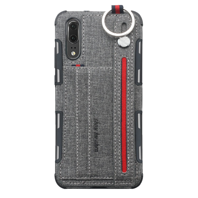 For Huawei P20 Cloth Texture + TPU Shockproof Protective Case with Metal Ring & Holder & Card Slots & Hanging Strap