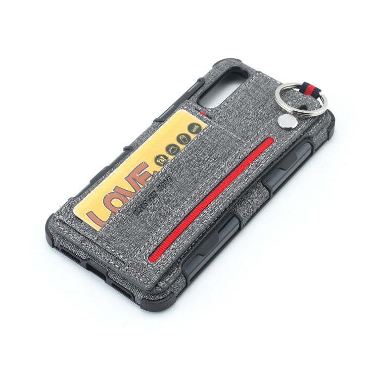 For Huawei P20 Cloth Texture + TPU Shockproof Protective Case with Metal Ring & Holder & Card Slots & Hanging Strap