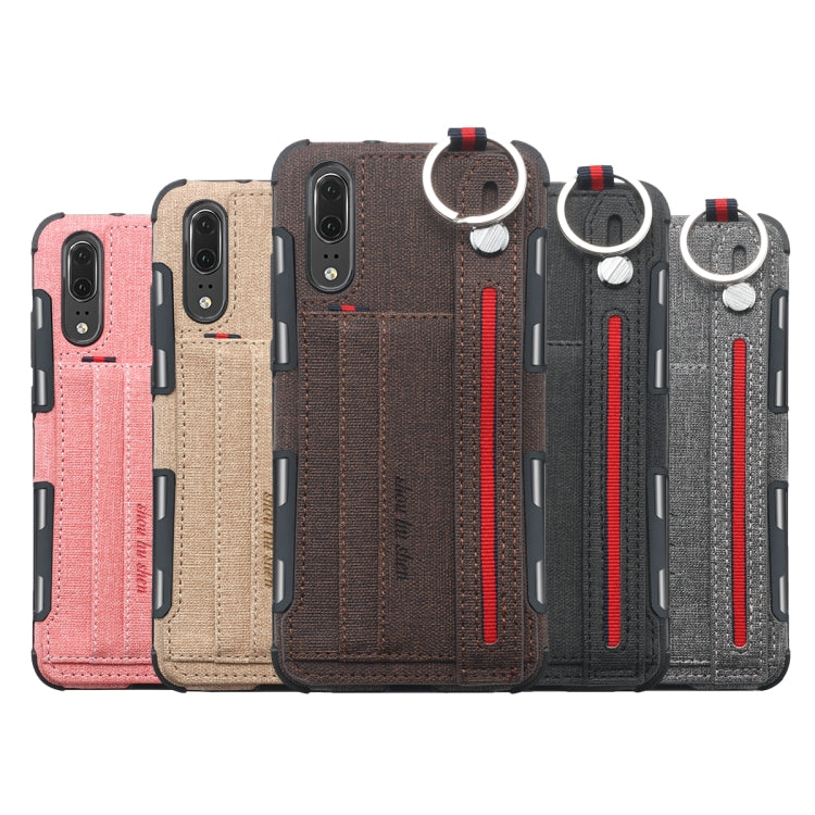 For Huawei P20 Cloth Texture + TPU Shockproof Protective Case with Metal Ring & Holder & Card Slots & Hanging Strap