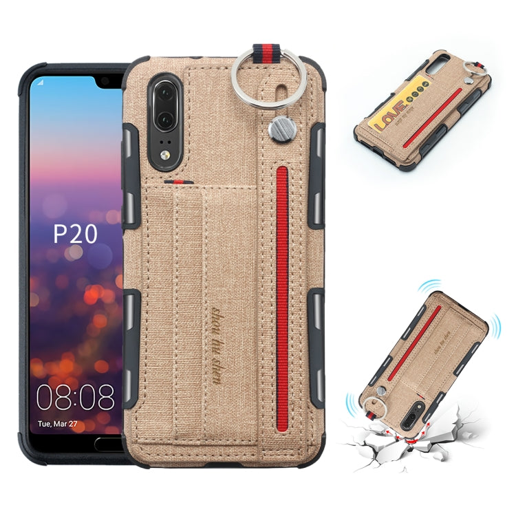 For Huawei P20 Cloth Texture + TPU Shockproof Protective Case with Metal Ring & Holder & Card Slots & Hanging Strap