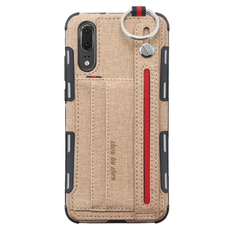 For Huawei P20 Cloth Texture + TPU Shockproof Protective Case with Metal Ring & Holder & Card Slots & Hanging Strap