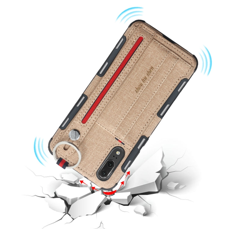 For Huawei P20 Cloth Texture + TPU Shockproof Protective Case with Metal Ring & Holder & Card Slots & Hanging Strap