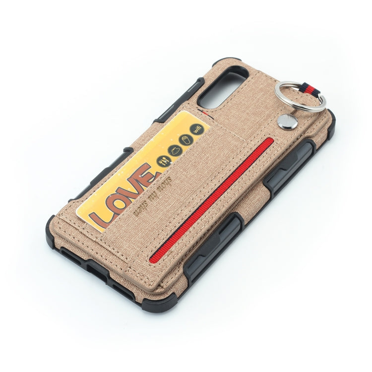 For Huawei P20 Cloth Texture + TPU Shockproof Protective Case with Metal Ring & Holder & Card Slots & Hanging Strap
