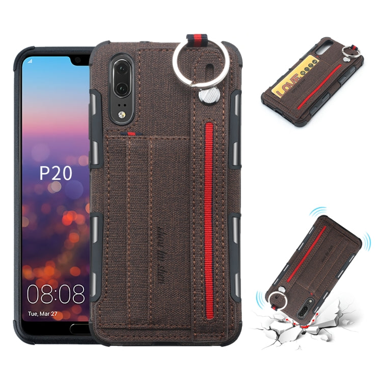 For Huawei P20 Cloth Texture + TPU Shockproof Protective Case with Metal Ring & Holder & Card Slots & Hanging Strap