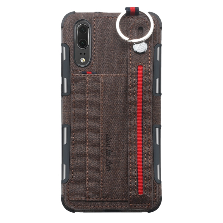 For Huawei P20 Cloth Texture + TPU Shockproof Protective Case with Metal Ring & Holder & Card Slots & Hanging Strap