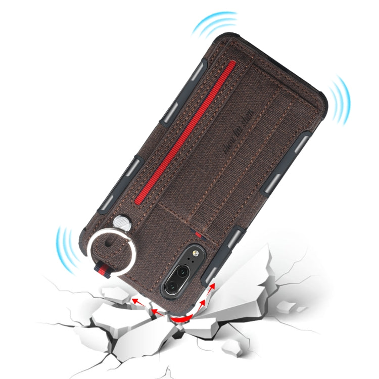 For Huawei P20 Cloth Texture + TPU Shockproof Protective Case with Metal Ring & Holder & Card Slots & Hanging Strap