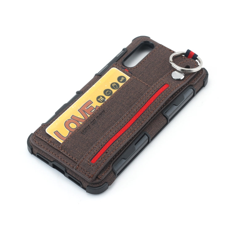For Huawei P20 Cloth Texture + TPU Shockproof Protective Case with Metal Ring & Holder & Card Slots & Hanging Strap