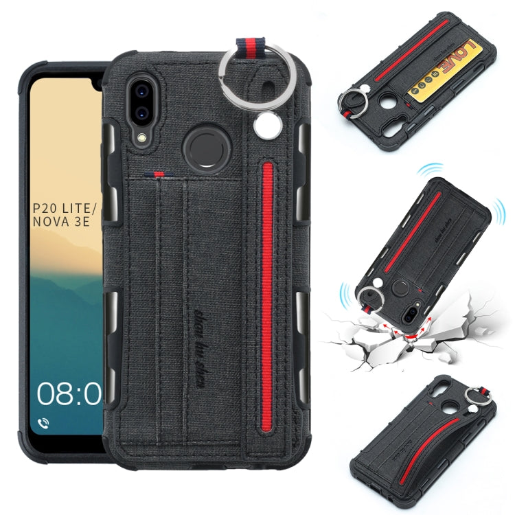 For Huawei P20 Lite Cloth Texture + TPU Shockproof Protective Case with Metal Ring & Holder & Card Slots & Hanging Strap