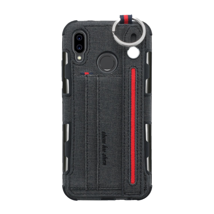 For Huawei P20 Lite Cloth Texture + TPU Shockproof Protective Case with Metal Ring & Holder & Card Slots & Hanging Strap