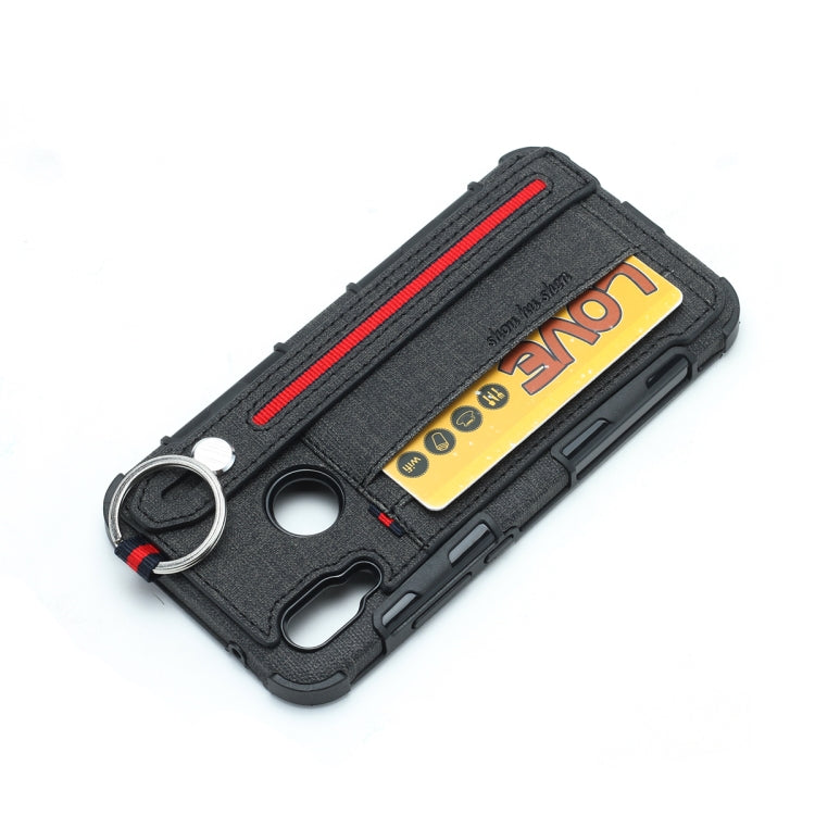 For Huawei P20 Lite Cloth Texture + TPU Shockproof Protective Case with Metal Ring & Holder & Card Slots & Hanging Strap