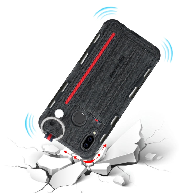 For Huawei P20 Lite Cloth Texture + TPU Shockproof Protective Case with Metal Ring & Holder & Card Slots & Hanging Strap