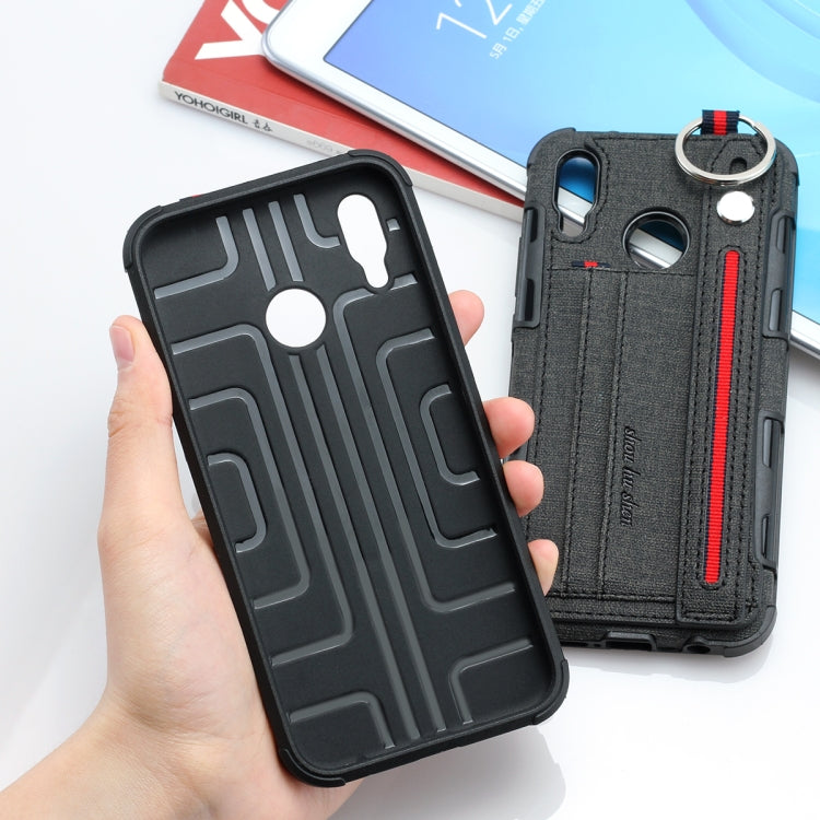 For Huawei P20 Lite Cloth Texture + TPU Shockproof Protective Case with Metal Ring & Holder & Card Slots & Hanging Strap