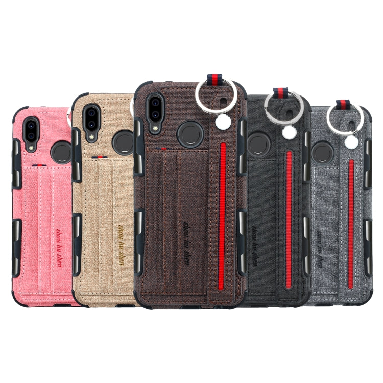 For Huawei P20 Lite Cloth Texture + TPU Shockproof Protective Case with Metal Ring & Holder & Card Slots & Hanging Strap