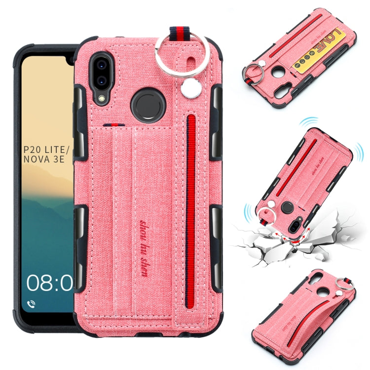 For Huawei P20 Lite Cloth Texture + TPU Shockproof Protective Case with Metal Ring & Holder & Card Slots & Hanging Strap