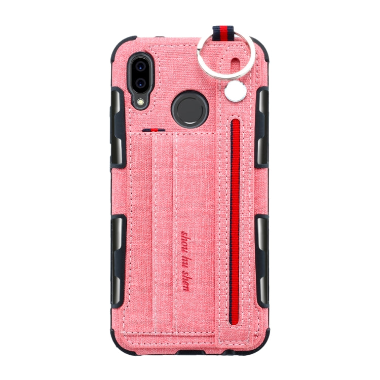 For Huawei P20 Lite Cloth Texture + TPU Shockproof Protective Case with Metal Ring & Holder & Card Slots & Hanging Strap