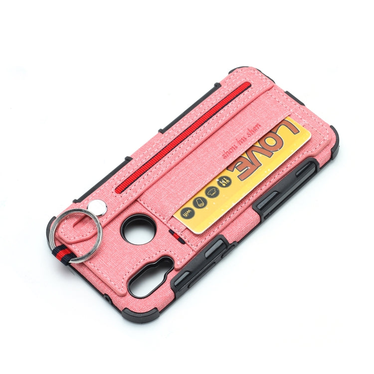 For Huawei P20 Lite Cloth Texture + TPU Shockproof Protective Case with Metal Ring & Holder & Card Slots & Hanging Strap