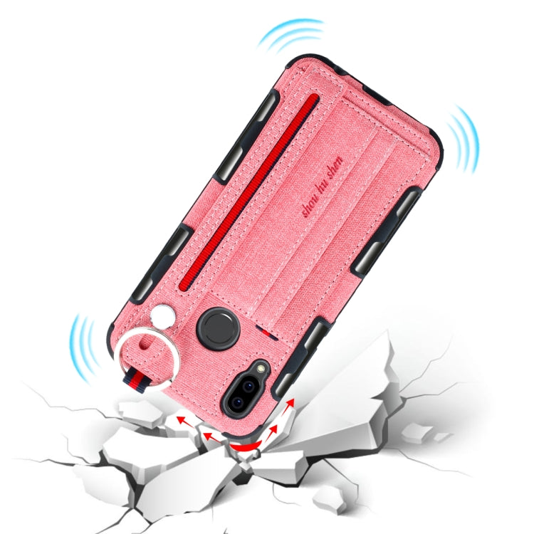 For Huawei P20 Lite Cloth Texture + TPU Shockproof Protective Case with Metal Ring & Holder & Card Slots & Hanging Strap