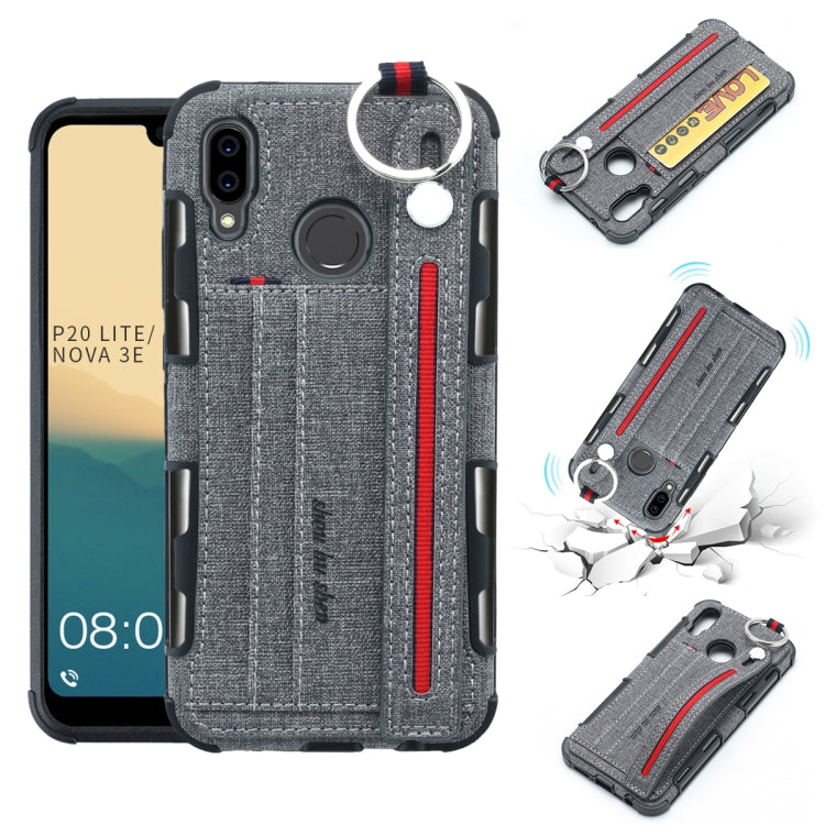 For Huawei P20 Lite Cloth Texture + TPU Shockproof Protective Case with Metal Ring & Holder & Card Slots & Hanging Strap