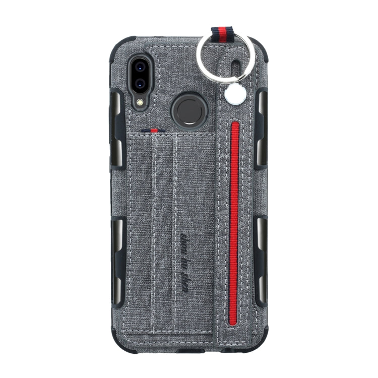 For Huawei P20 Lite Cloth Texture + TPU Shockproof Protective Case with Metal Ring & Holder & Card Slots & Hanging Strap