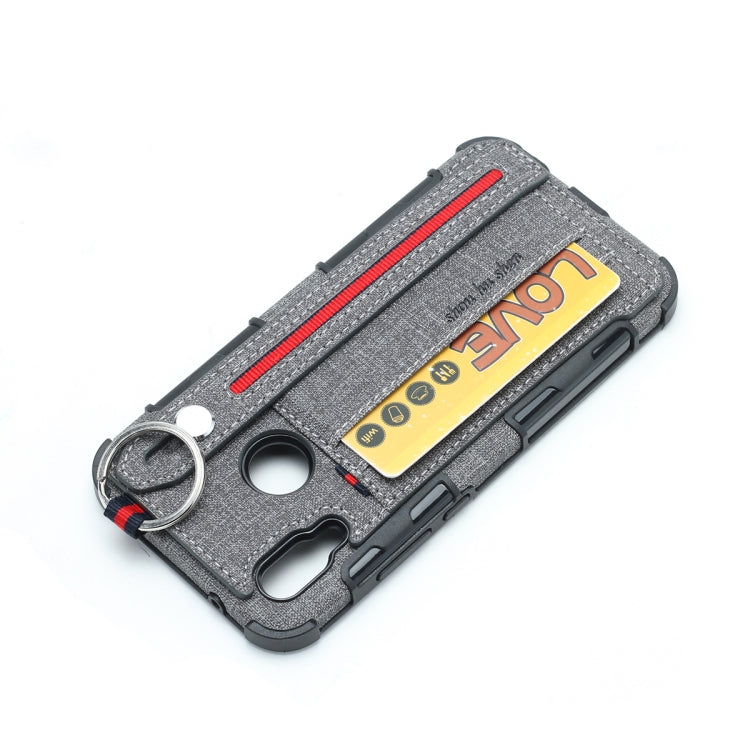 For Huawei P20 Lite Cloth Texture + TPU Shockproof Protective Case with Metal Ring & Holder & Card Slots & Hanging Strap