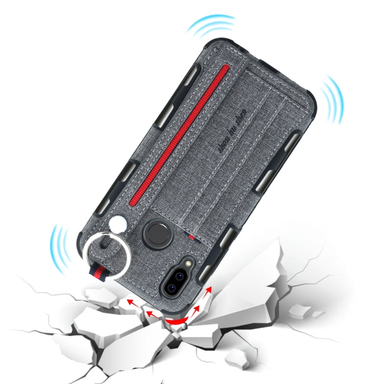 For Huawei P20 Lite Cloth Texture + TPU Shockproof Protective Case with Metal Ring & Holder & Card Slots & Hanging Strap