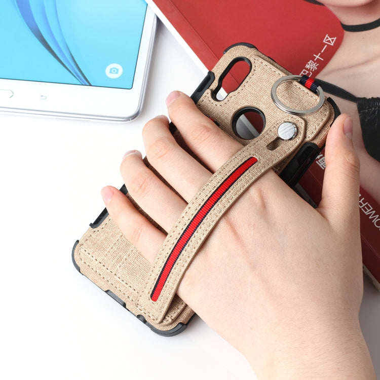 For Huawei P20 Lite Cloth Texture + TPU Shockproof Protective Case with Metal Ring & Holder & Card Slots & Hanging Strap