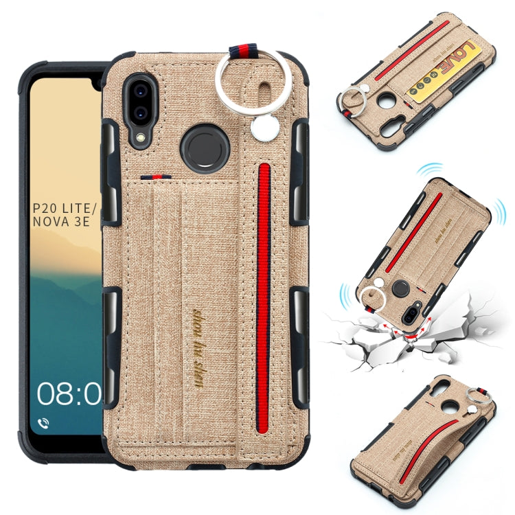 For Huawei P20 Lite Cloth Texture + TPU Shockproof Protective Case with Metal Ring & Holder & Card Slots & Hanging Strap