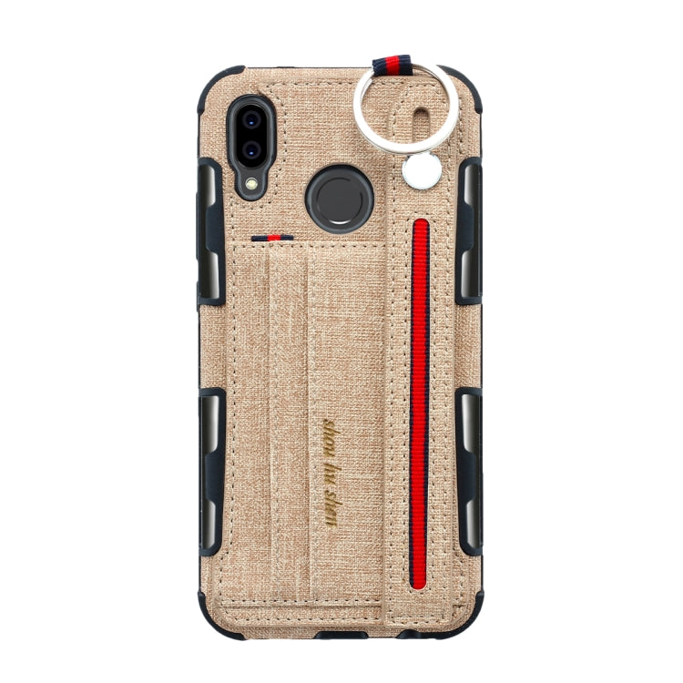 For Huawei P20 Lite Cloth Texture + TPU Shockproof Protective Case with Metal Ring & Holder & Card Slots & Hanging Strap