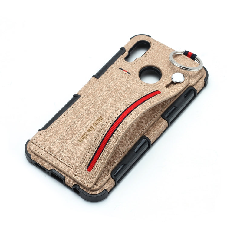For Huawei P20 Lite Cloth Texture + TPU Shockproof Protective Case with Metal Ring & Holder & Card Slots & Hanging Strap