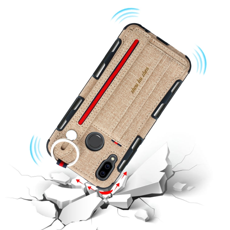 For Huawei P20 Lite Cloth Texture + TPU Shockproof Protective Case with Metal Ring & Holder & Card Slots & Hanging Strap