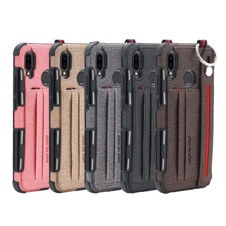 For Huawei P20 Lite Cloth Texture + TPU Shockproof Protective Case with Metal Ring & Holder & Card Slots & Hanging Strap