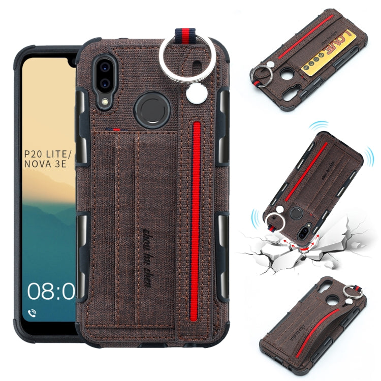 For Huawei P20 Lite Cloth Texture + TPU Shockproof Protective Case with Metal Ring & Holder & Card Slots & Hanging Strap