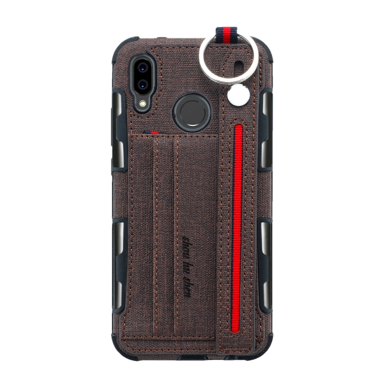 For Huawei P20 Lite Cloth Texture + TPU Shockproof Protective Case with Metal Ring & Holder & Card Slots & Hanging Strap