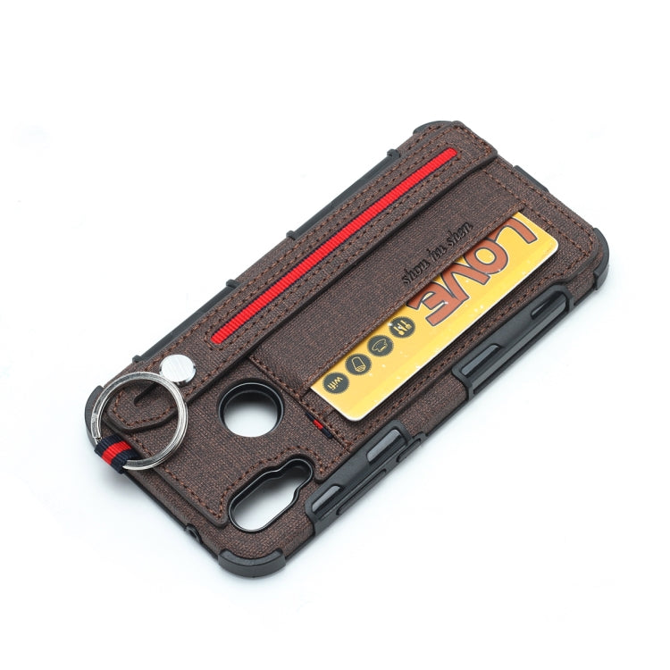 For Huawei P20 Lite Cloth Texture + TPU Shockproof Protective Case with Metal Ring & Holder & Card Slots & Hanging Strap