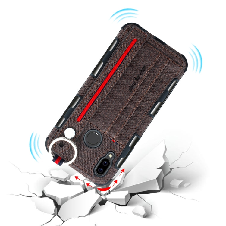 For Huawei P20 Lite Cloth Texture + TPU Shockproof Protective Case with Metal Ring & Holder & Card Slots & Hanging Strap