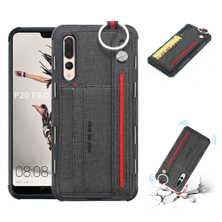 For Huawei P20 Pro Cloth Texture + TPU Shockproof Protective Case with Metal Ring & Holder & Card Slots & Hanging Strap