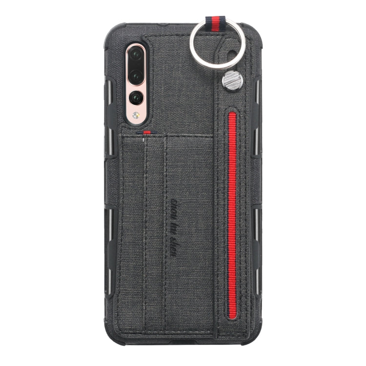 For Huawei P20 Pro Cloth Texture + TPU Shockproof Protective Case with Metal Ring & Holder & Card Slots & Hanging Strap