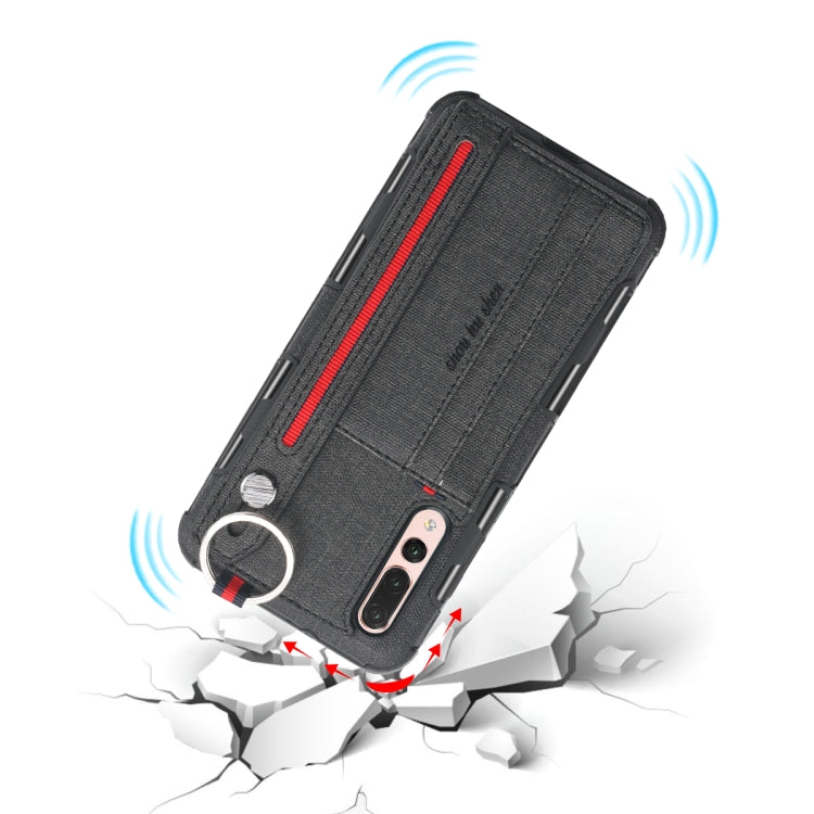For Huawei P20 Pro Cloth Texture + TPU Shockproof Protective Case with Metal Ring & Holder & Card Slots & Hanging Strap