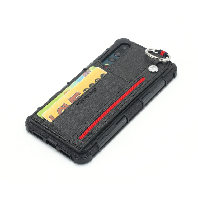 For Huawei P20 Pro Cloth Texture + TPU Shockproof Protective Case with Metal Ring & Holder & Card Slots & Hanging Strap