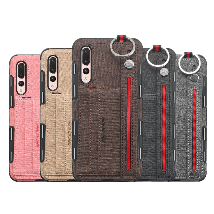 For Huawei P20 Pro Cloth Texture + TPU Shockproof Protective Case with Metal Ring & Holder & Card Slots & Hanging Strap