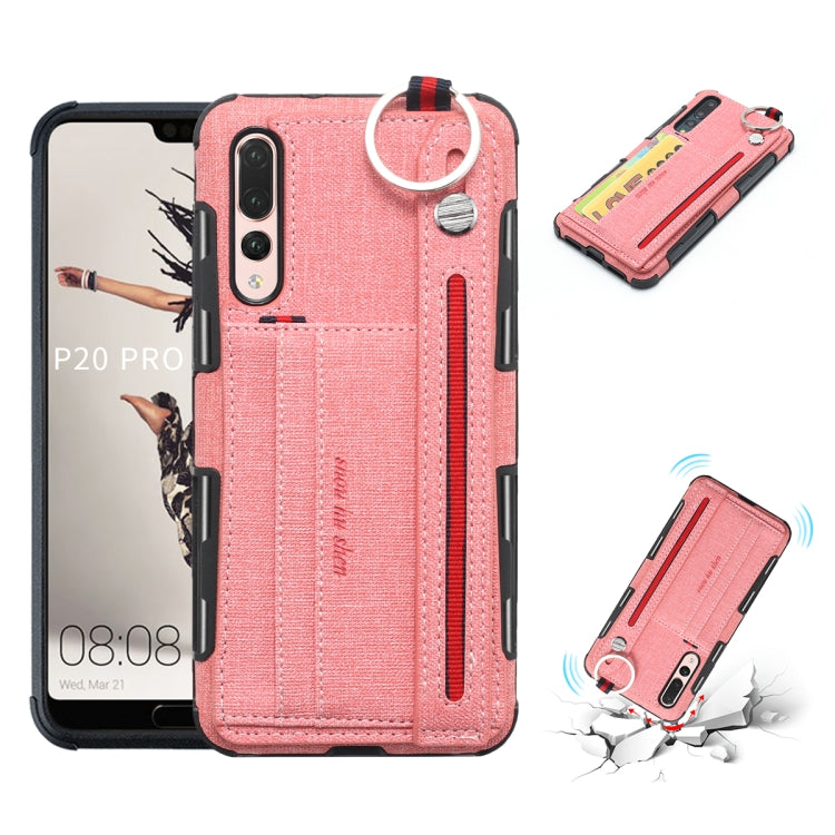 For Huawei P20 Pro Cloth Texture + TPU Shockproof Protective Case with Metal Ring & Holder & Card Slots & Hanging Strap