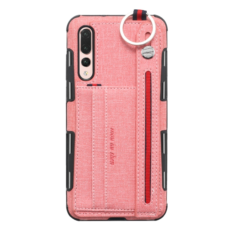 For Huawei P20 Pro Cloth Texture + TPU Shockproof Protective Case with Metal Ring & Holder & Card Slots & Hanging Strap