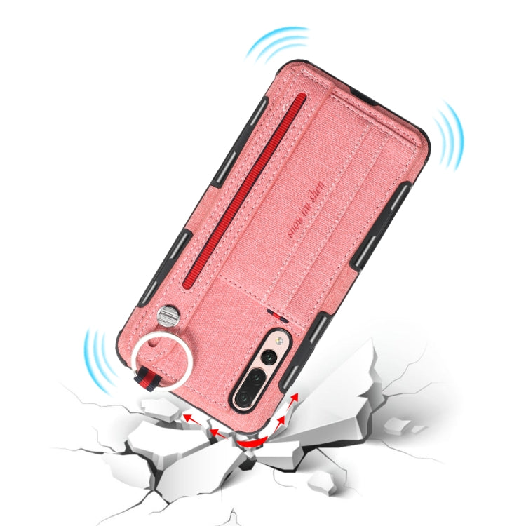 For Huawei P20 Pro Cloth Texture + TPU Shockproof Protective Case with Metal Ring & Holder & Card Slots & Hanging Strap