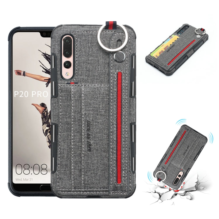 For Huawei P20 Pro Cloth Texture + TPU Shockproof Protective Case with Metal Ring & Holder & Card Slots & Hanging Strap