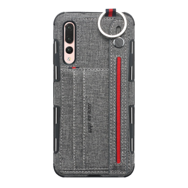 For Huawei P20 Pro Cloth Texture + TPU Shockproof Protective Case with Metal Ring & Holder & Card Slots & Hanging Strap