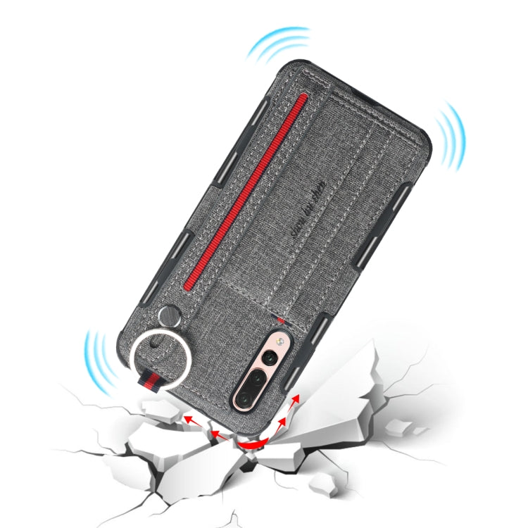 For Huawei P20 Pro Cloth Texture + TPU Shockproof Protective Case with Metal Ring & Holder & Card Slots & Hanging Strap