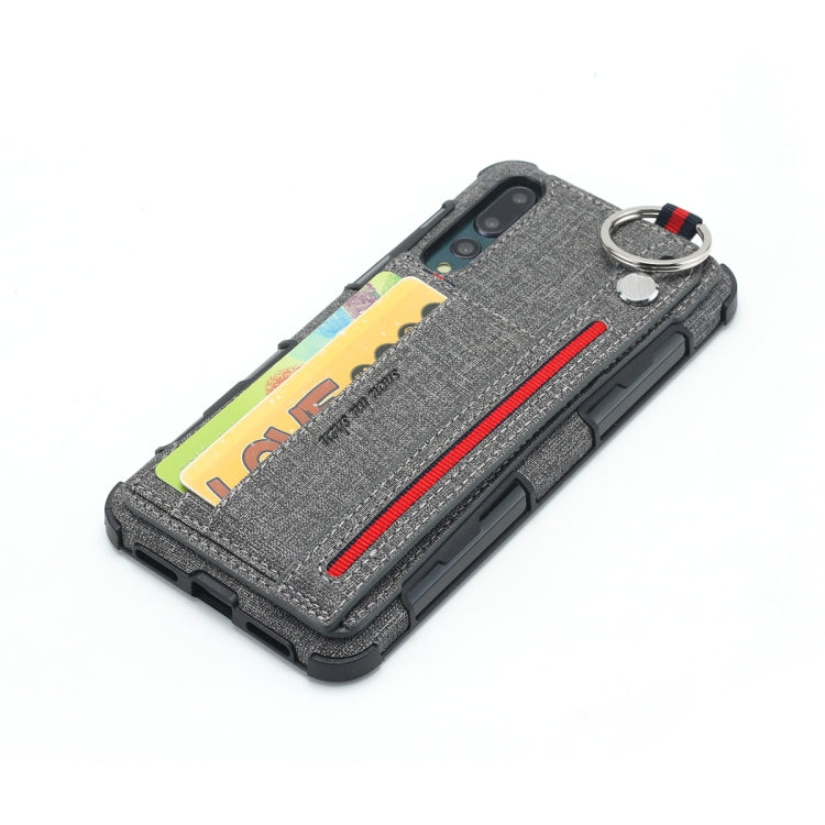For Huawei P20 Pro Cloth Texture + TPU Shockproof Protective Case with Metal Ring & Holder & Card Slots & Hanging Strap